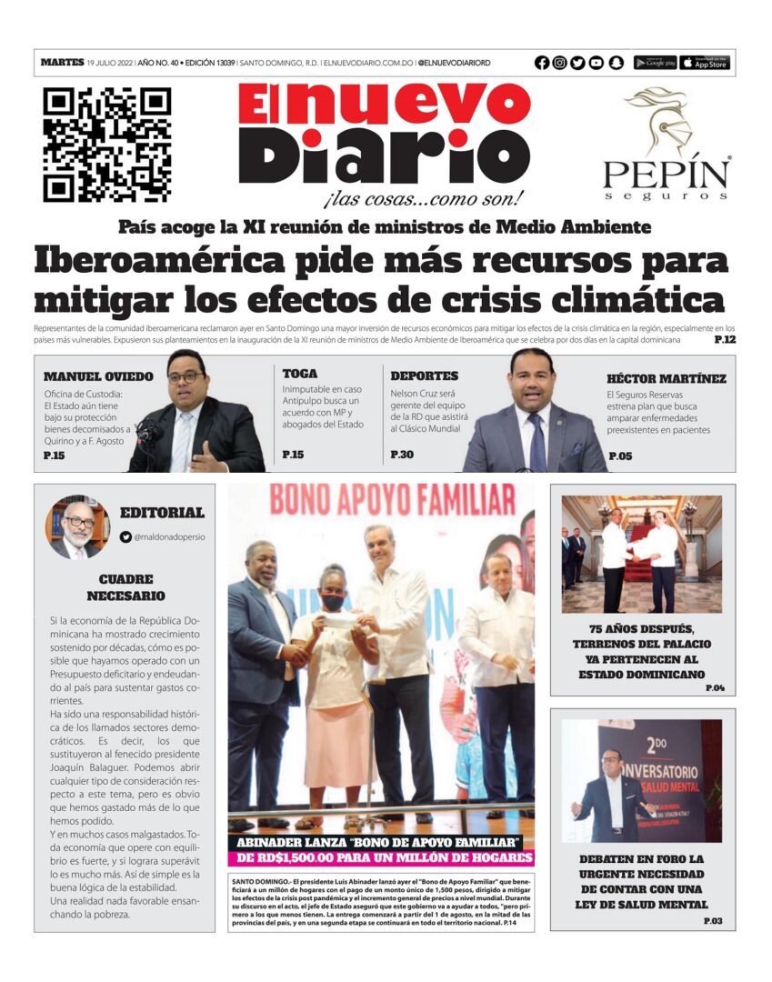 Portada Periódico El Nuevo Diario, Martes 19 Julio, 2022