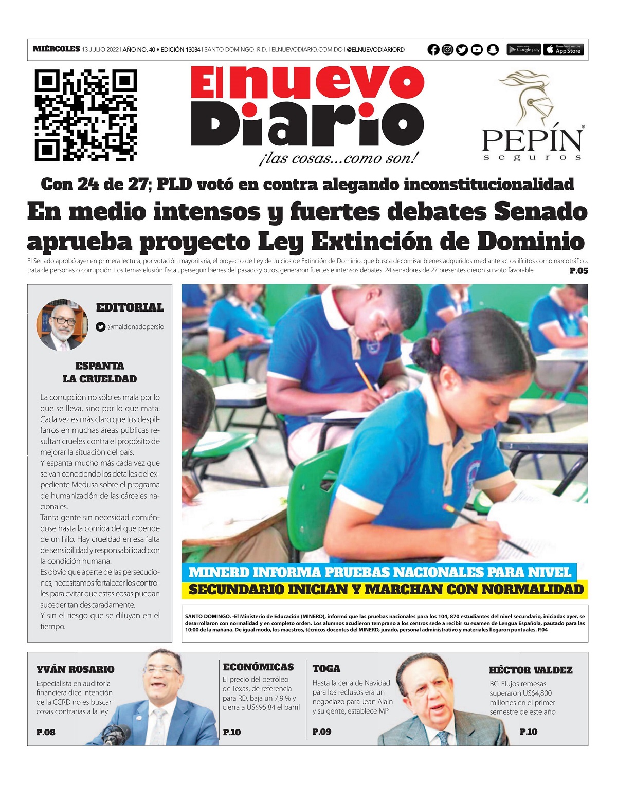 Portada Periódico El Nuevo Diario, Miércoles 13 Julio, 2022