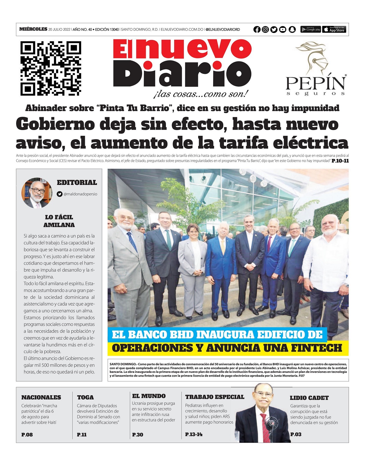 Portada Periódico El Nuevo Diario, Miércoles 20 Julio, 2022