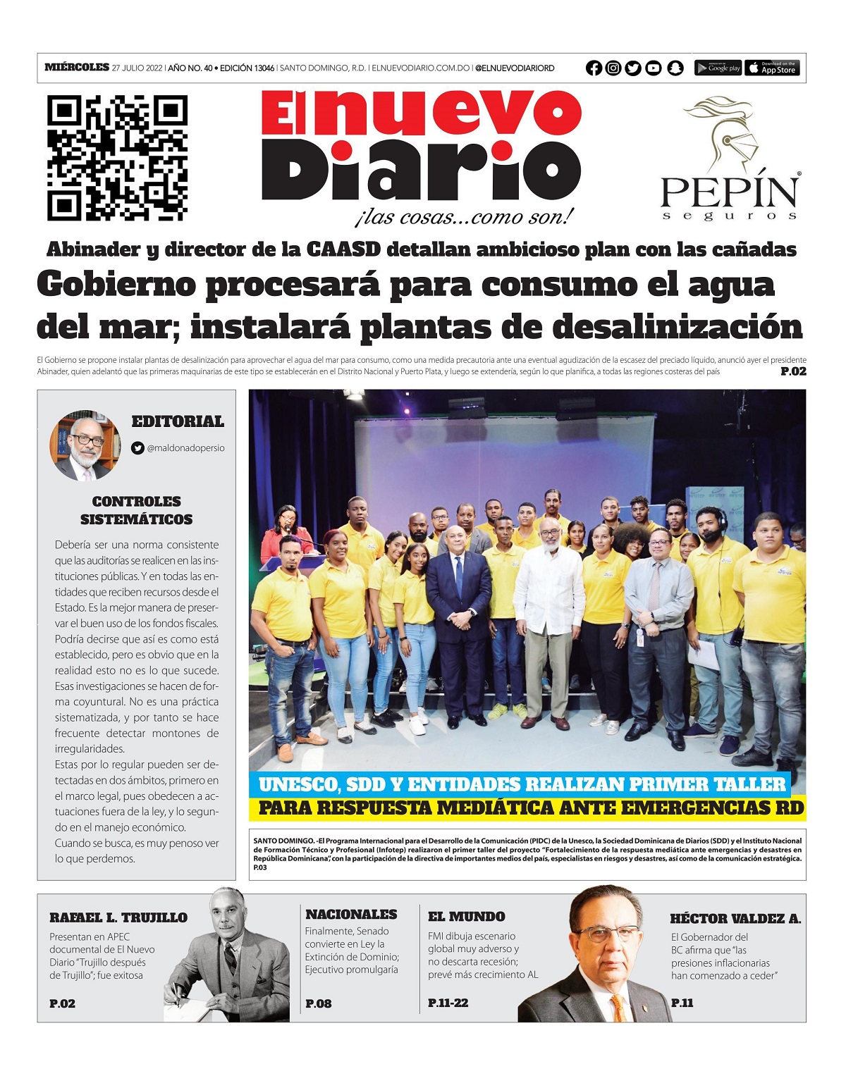 Portada Periódico El Nuevo Diario, Miércoles 27 Julio, 2022