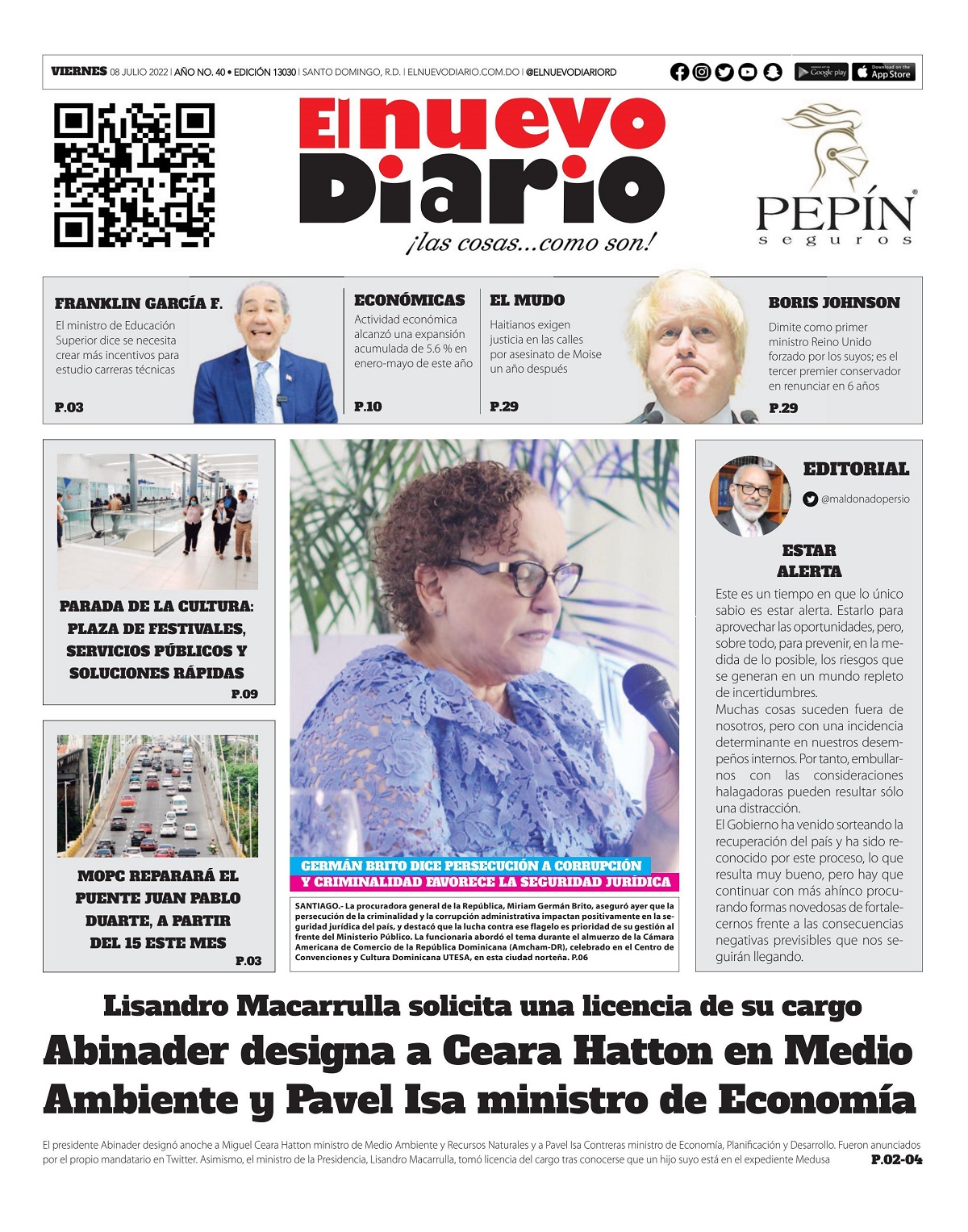 Portada Periódico El Nuevo Diario, Viernes 08 Julio, 2022