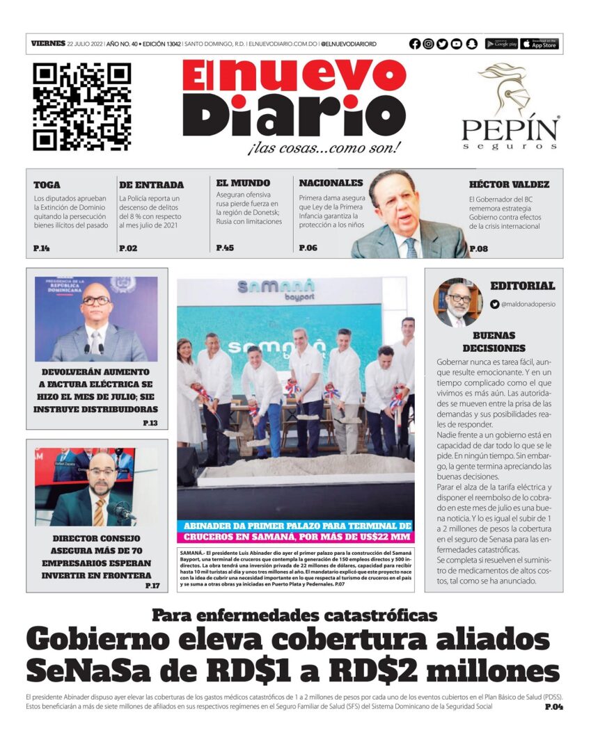 Portada Periódico El Nuevo Diario, Viernes 22 Julio, 2022