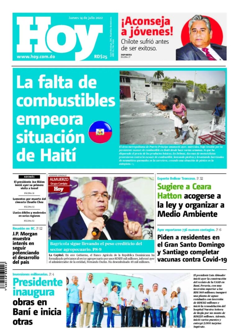 Portada Periódico Hoy, Jueves 14 Julio, 2022
