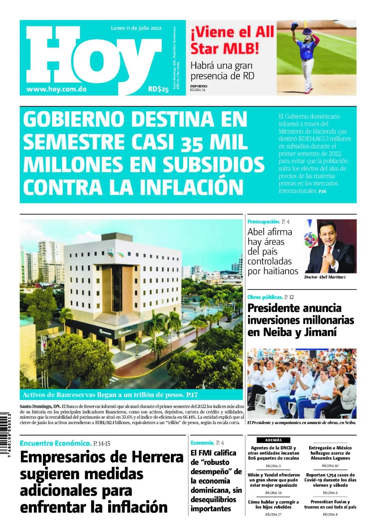 Portada Periódico Hoy, Lunes 11 Julio, 2022