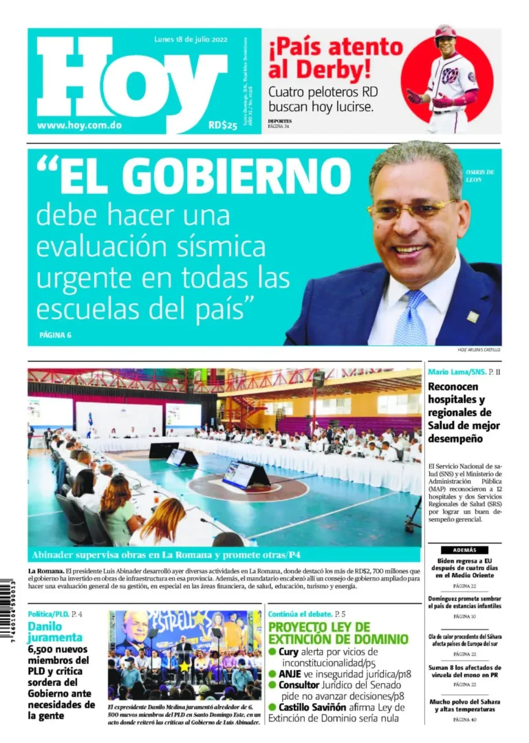 Portada Periódico Hoy, Lunes 18 Julio, 2022