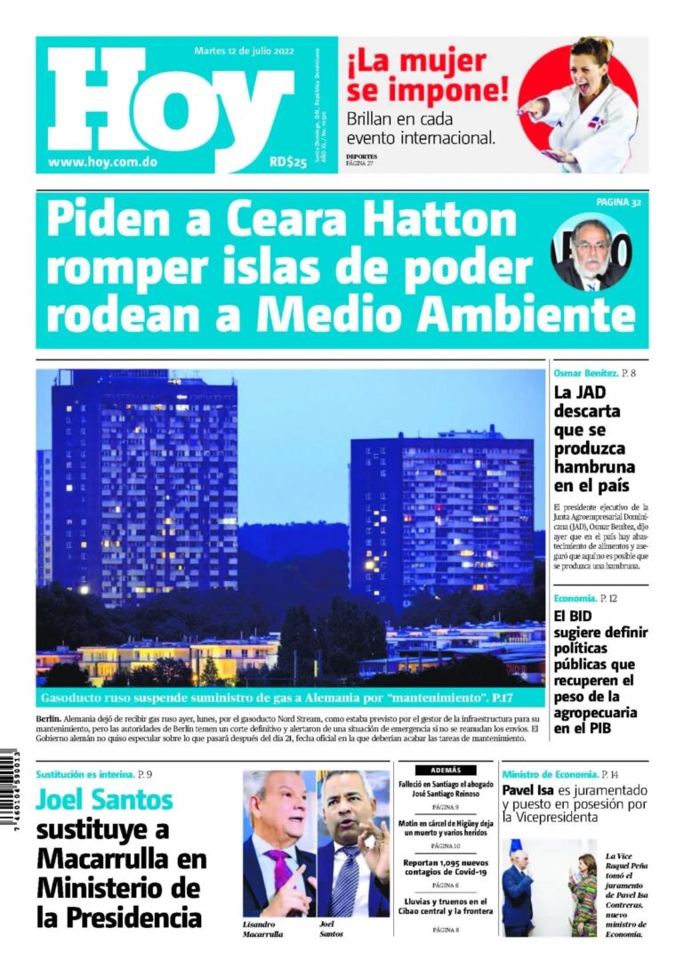 Portada Periódico Hoy, Martes 12 Julio, 2022