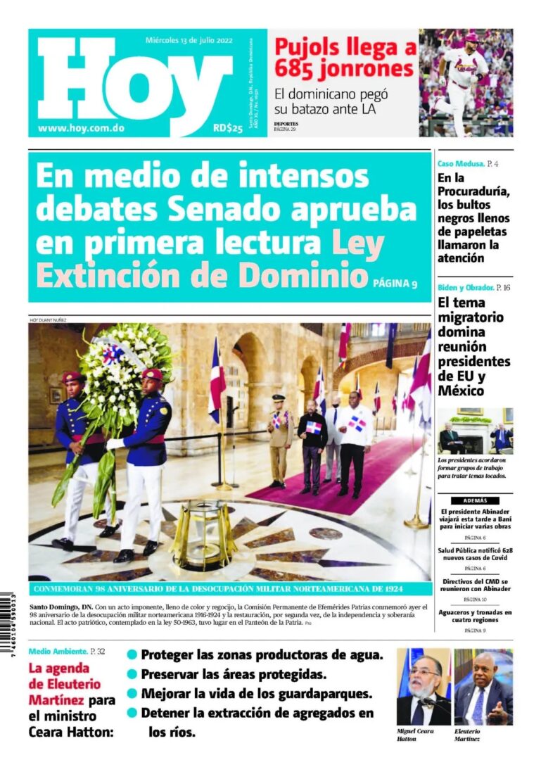 Portada Periódico Hoy, Miércoles 13 Julio, 2022