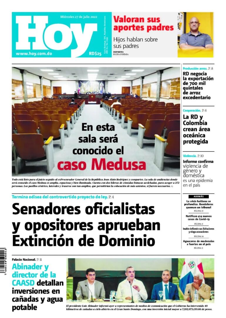 Portada Periódico Hoy, Miércoles 27 Julio, 2022