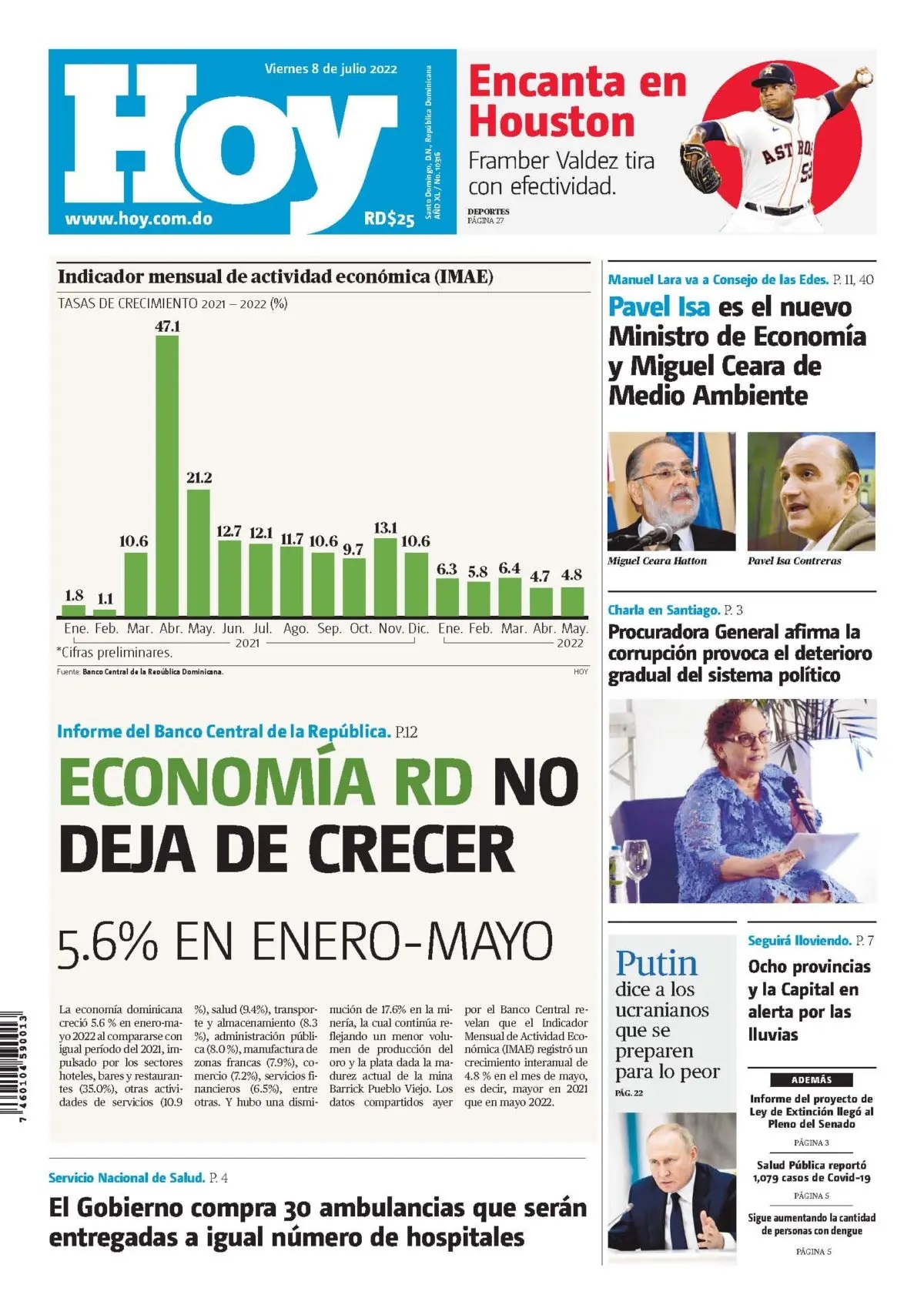 Portada Periódico Hoy, Viernes 08 Julio, 2022