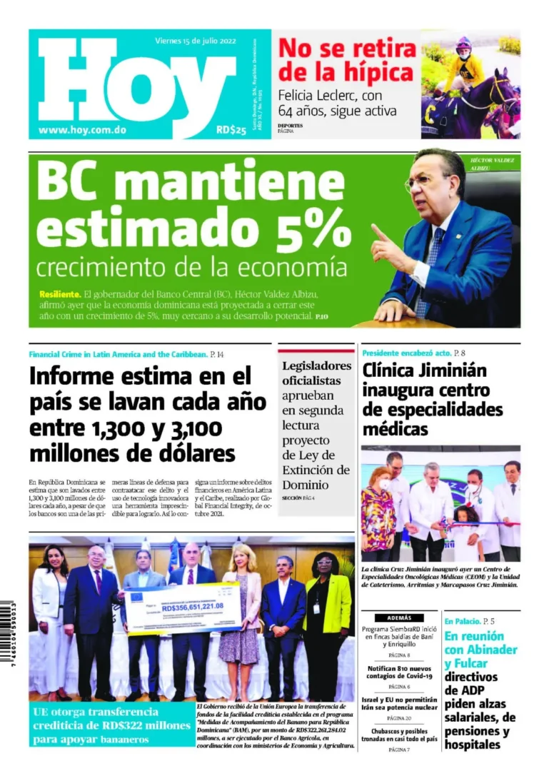 Portada Periódico Hoy, Viernes 15 Julio, 2022
