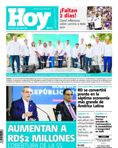 Portada Periódico Hoy, Viernes 22 Julio, 2022
