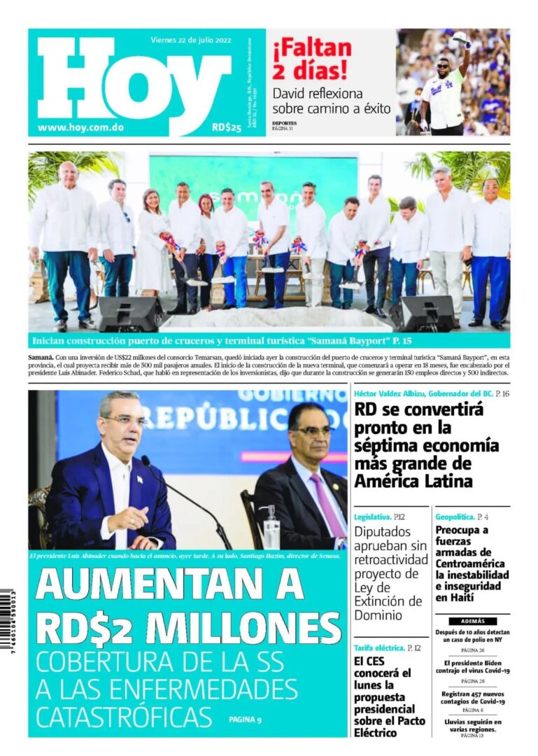 Portada Periódico Hoy, Viernes 22 Julio, 2022