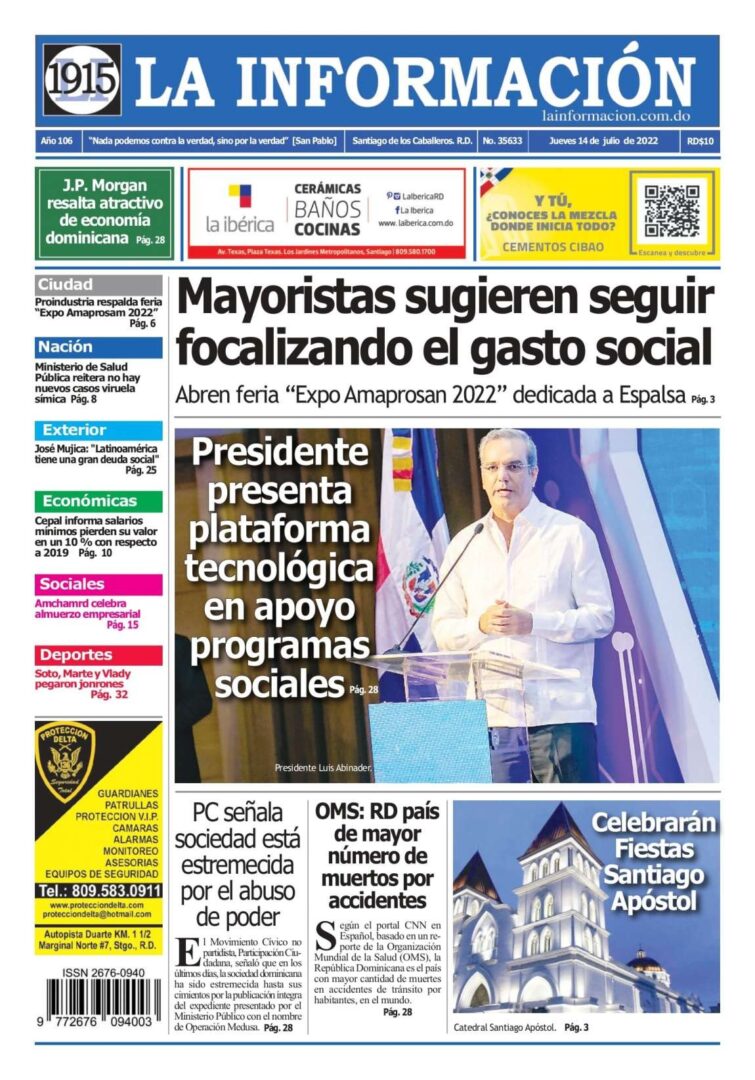 Portada Periódico La Información, Jueves 14 Julio, 2022