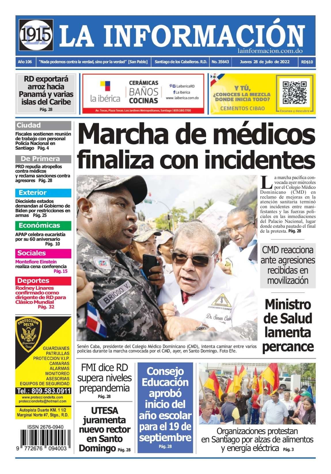 Portada Periódico La Información, Jueves 28 Julio, 2022