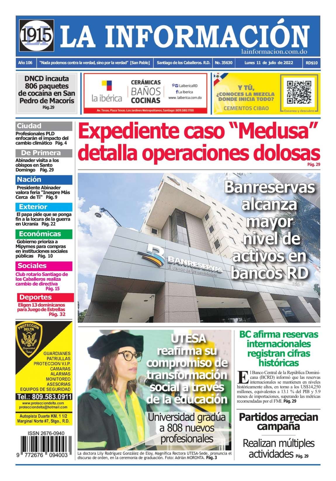 Portada Periódico La Información, Lunes 11 Julio, 2022