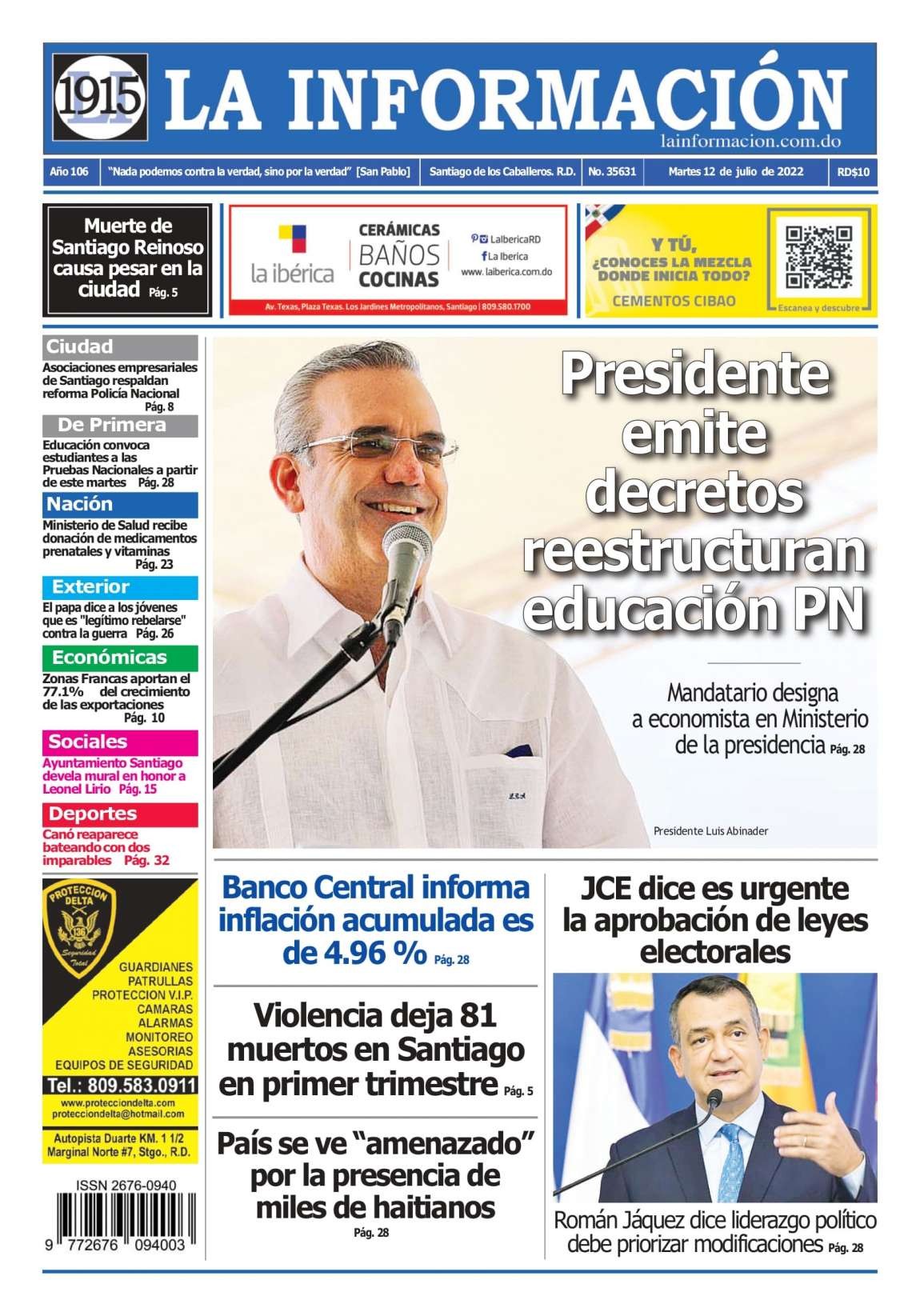 Portada Periódico La Información, Martes 12 Julio, 2022
