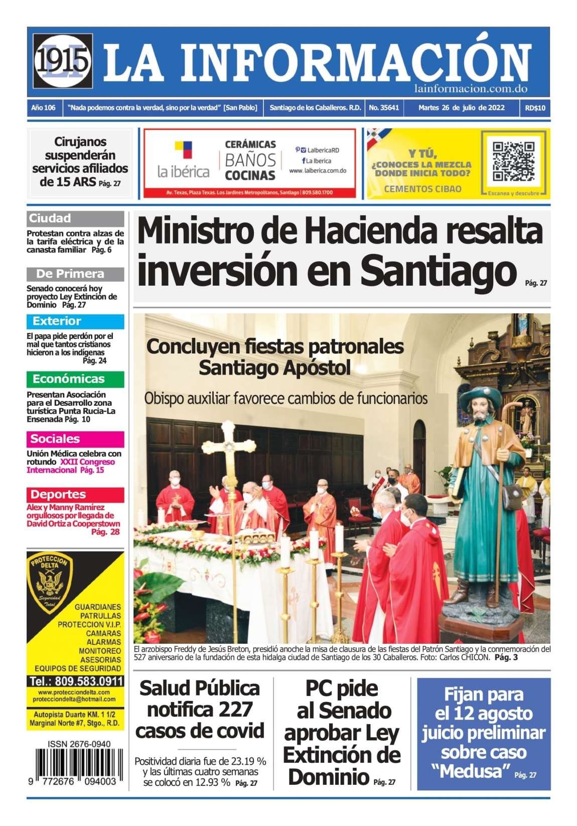 Portada Periódico La Información, Martes 26 Julio, 2022