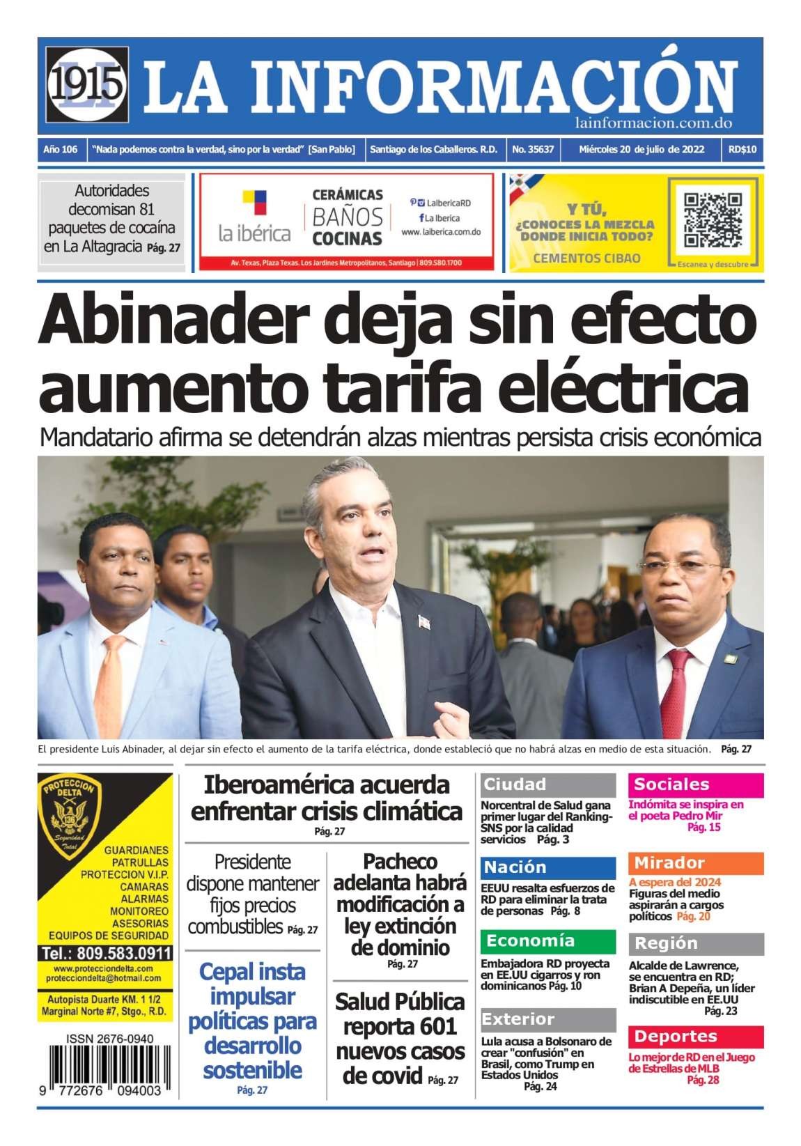 Portada Periódico La Información, Miércoles 20 Julio, 2022