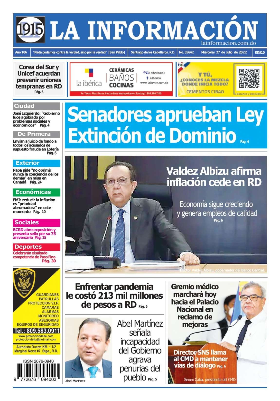 Portada Periódico La Información, Miércoles 27 Julio, 2022