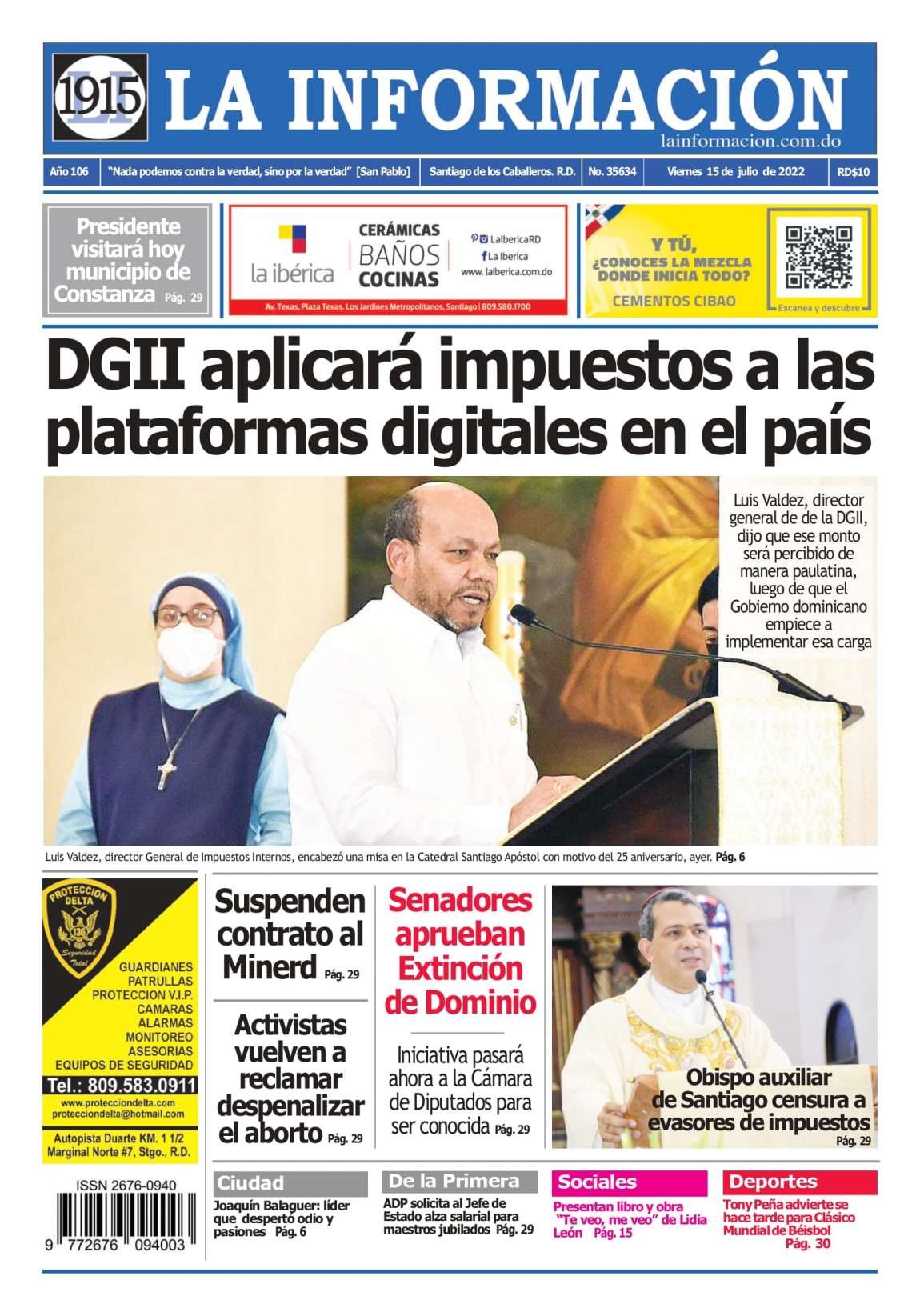 Portada Periódico La Información, Viernes 15 Julio, 2022