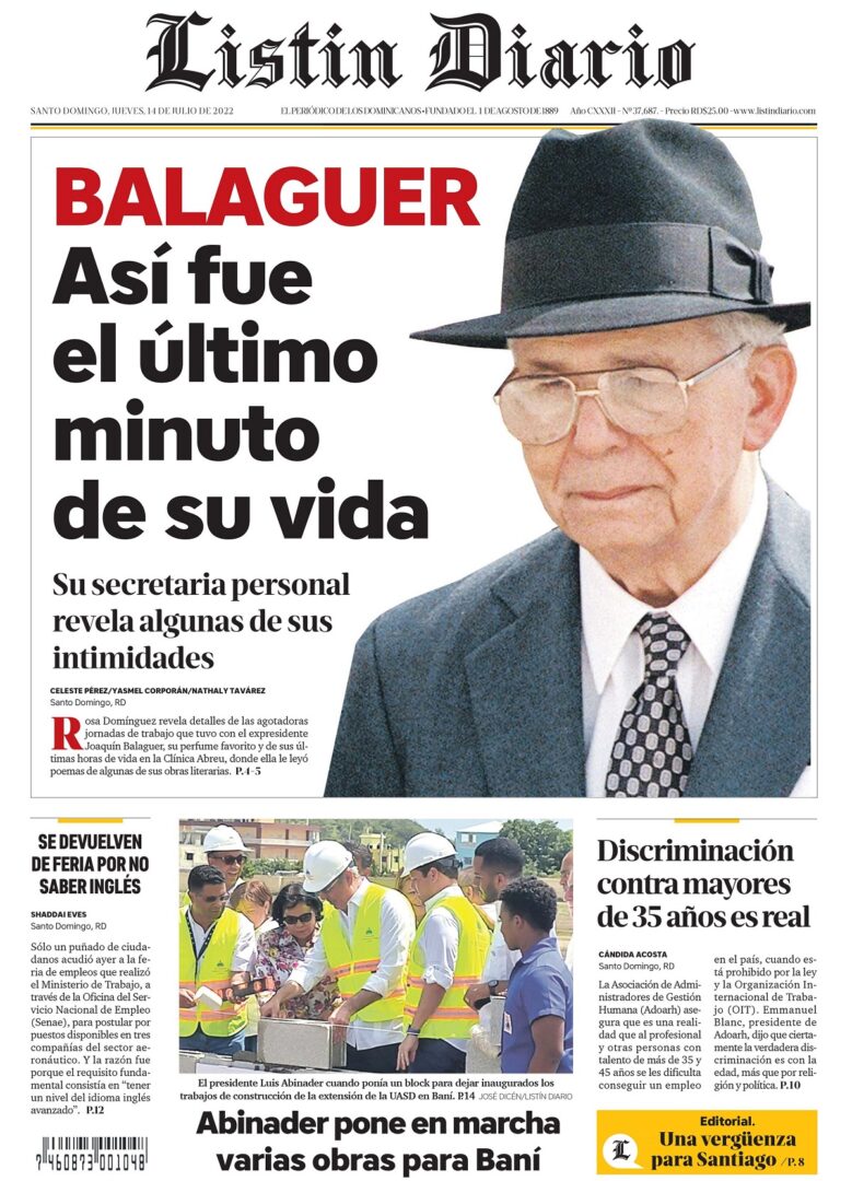 Portada Periódico Listín Diario, Jueves 14 Julio, 2022