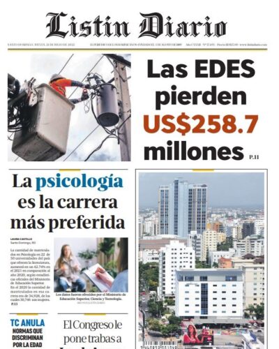 Portada Periódico Listín Diario, Jueves 21 Julio, 2022