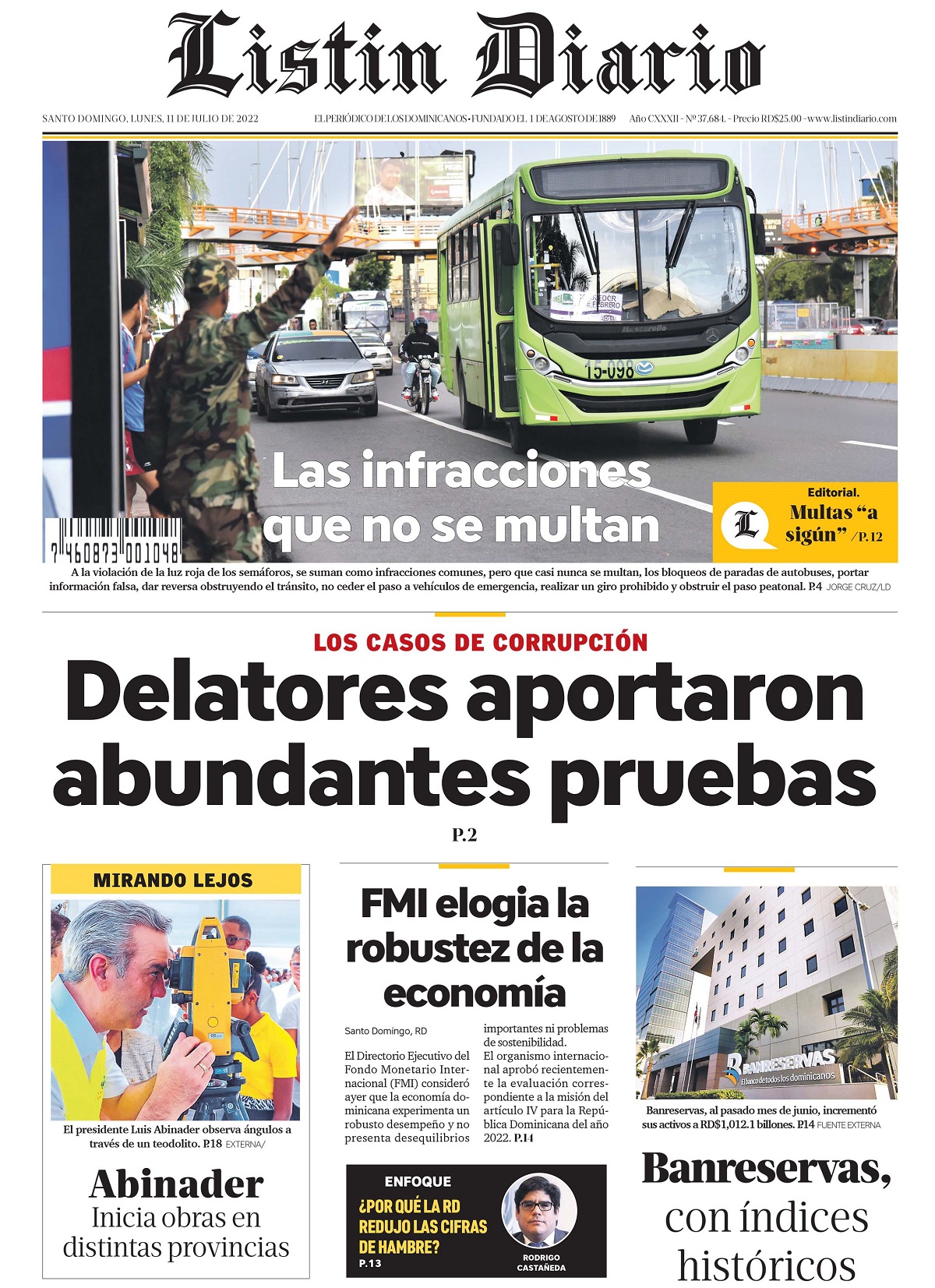 Portada Periódico Listín Diario, Lunes 11 Julio, 2022