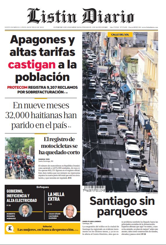Portada Periódico Listín Diario, Lunes 18 Julio, 2022