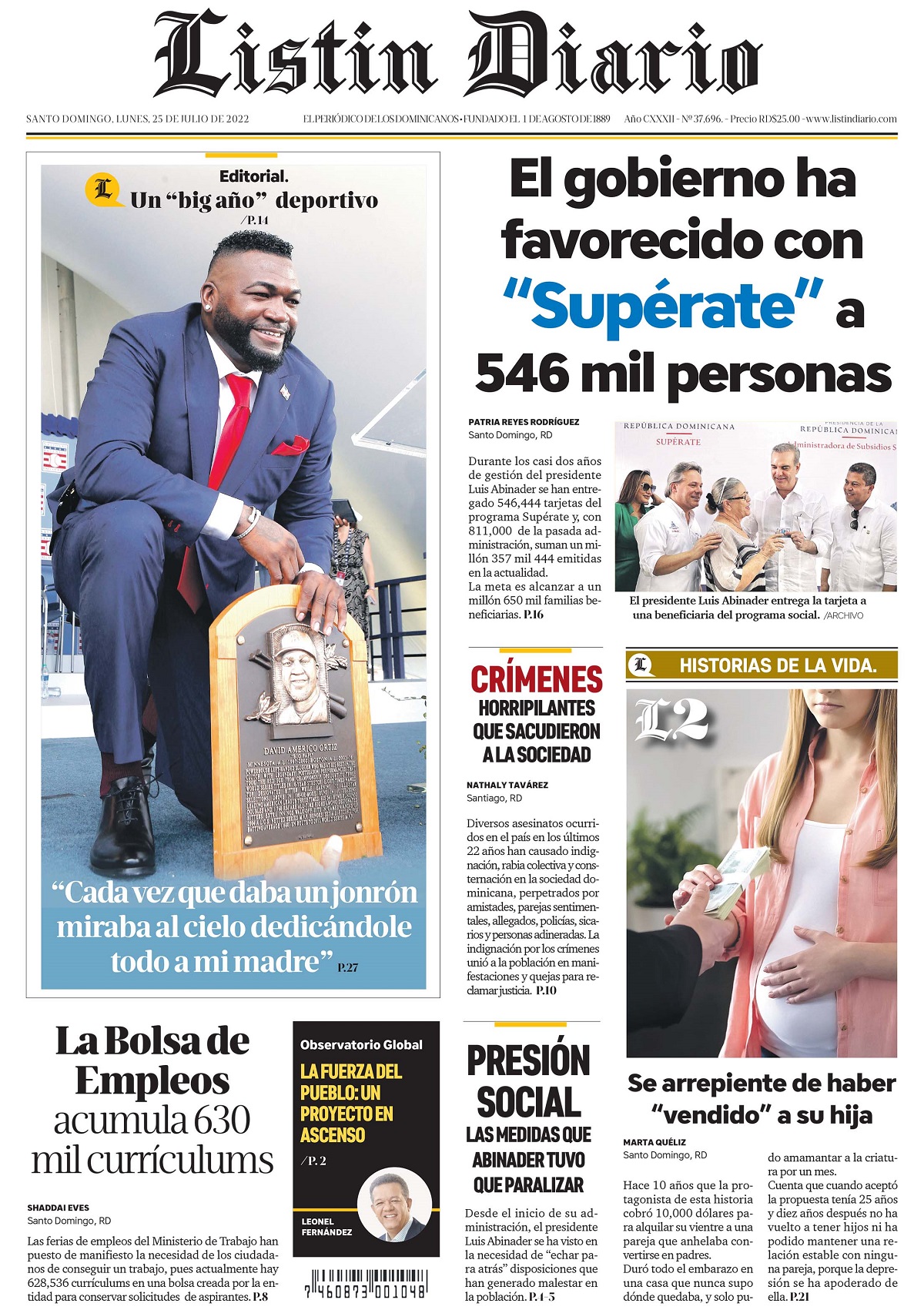 Portada Periódico Listín Diario, Lunes 25 Julio, 2022