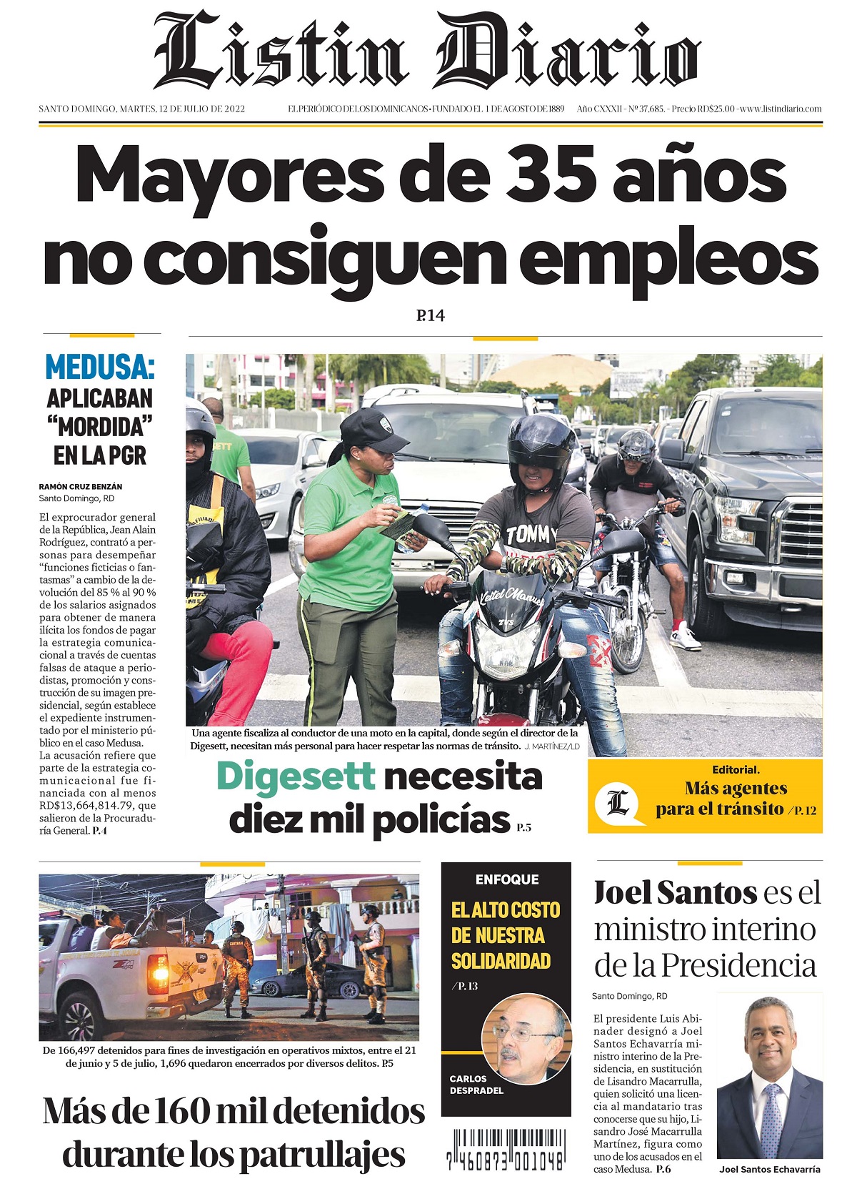 Portada Periódico Listín Diario, Martes 12 Julio, 2022