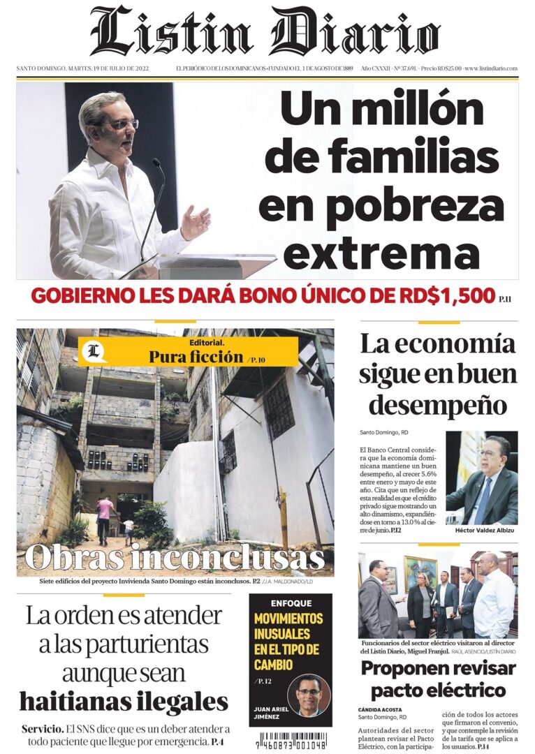 Portada Periódico Listín Diario, Martes 19 Julio, 2022