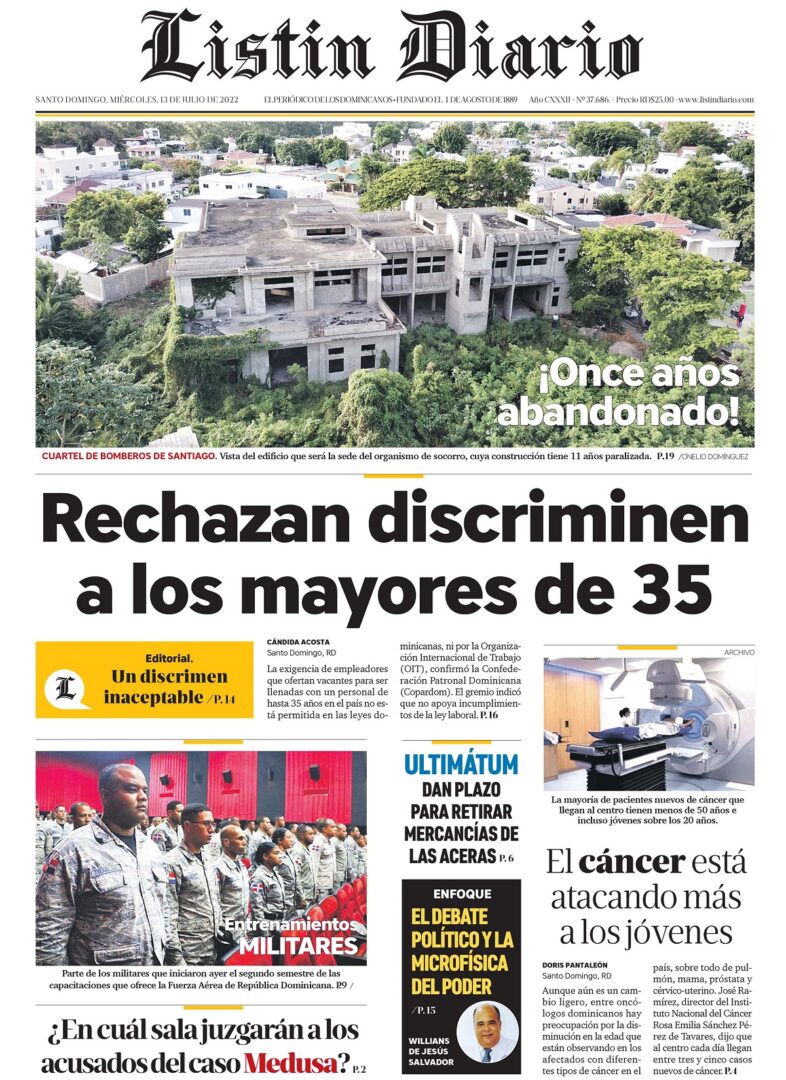 Portada Periódico Listín Diario, Miércoles 13 Julio, 2022