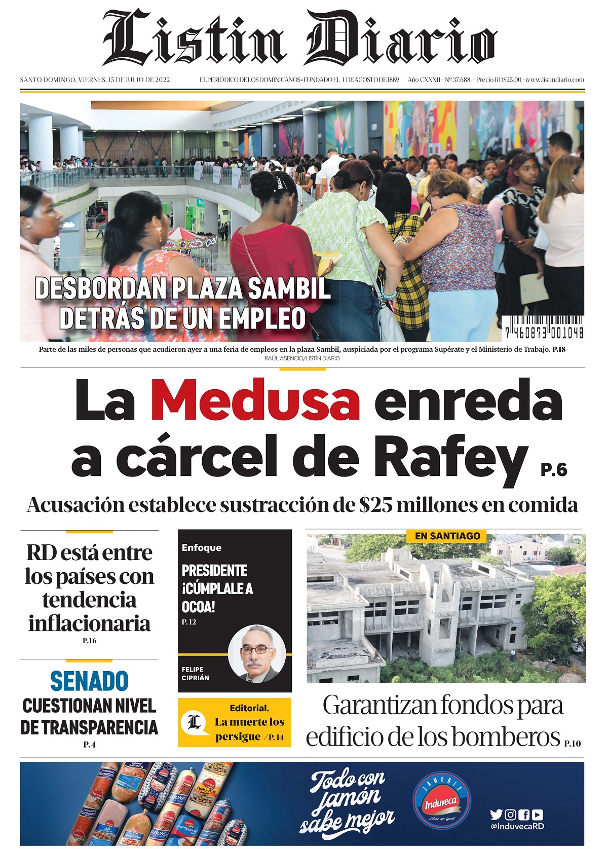 Portada Periódico Listín Diario, Viernes 15 Julio, 2022
