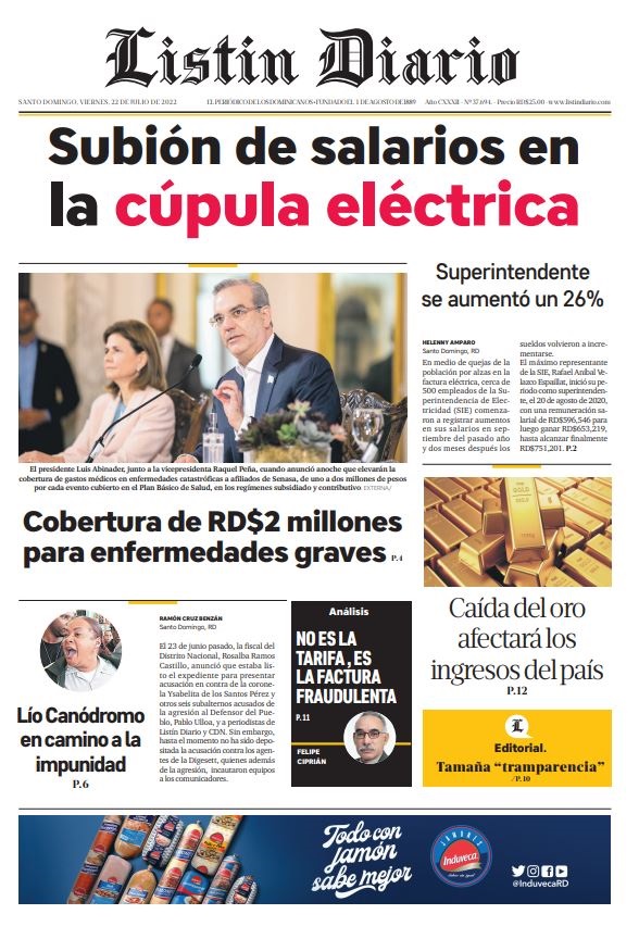 Portada Periódico Listín Diario, Viernes 22 Julio, 2022