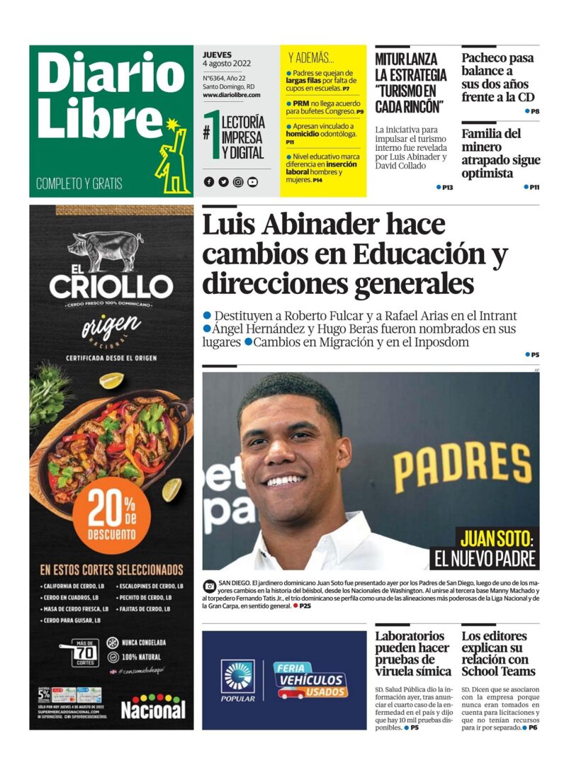 Portada Periódico Diario Libre, Jueves 04 Agosto, 2022
