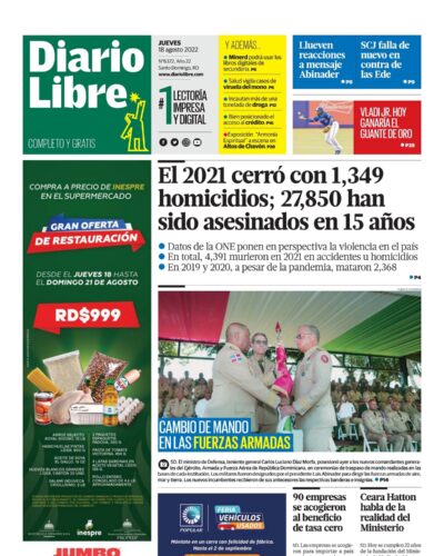 Portada Periódico Diario Libre, Jueves 18 Agosto, 2022