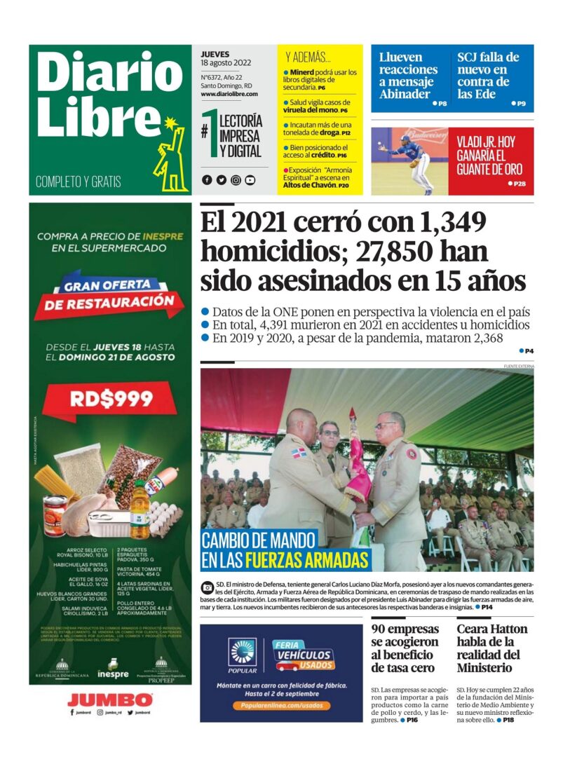 Portada Periódico Diario Libre, Jueves 18 Agosto, 2022