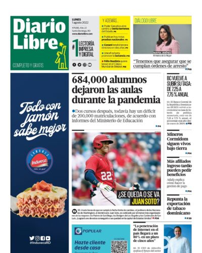 Portada Periódico Diario Libre, Lunes 01 Agosto, 2022