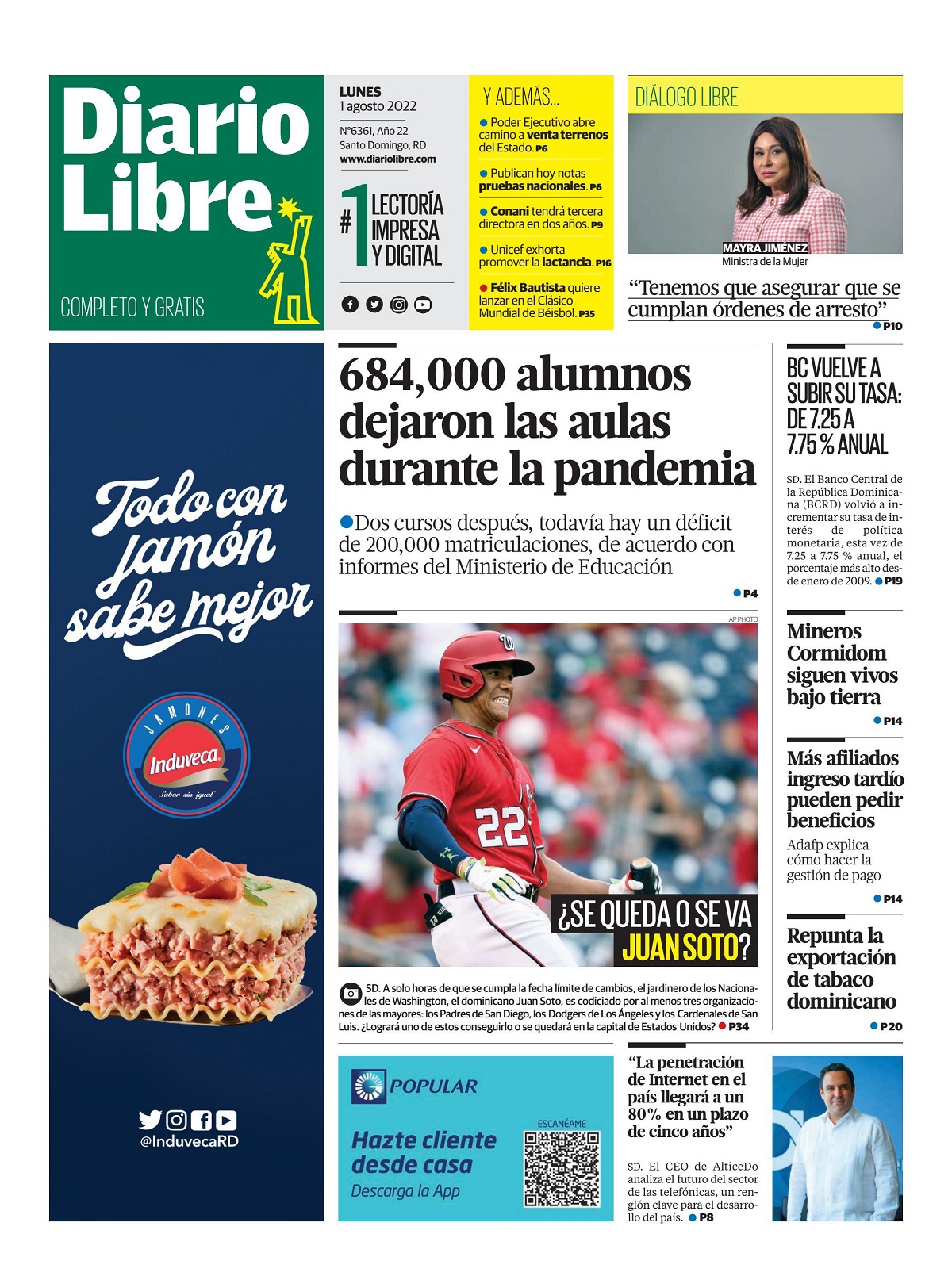 Portada Periódico Diario Libre, Lunes 01 Agosto, 2022