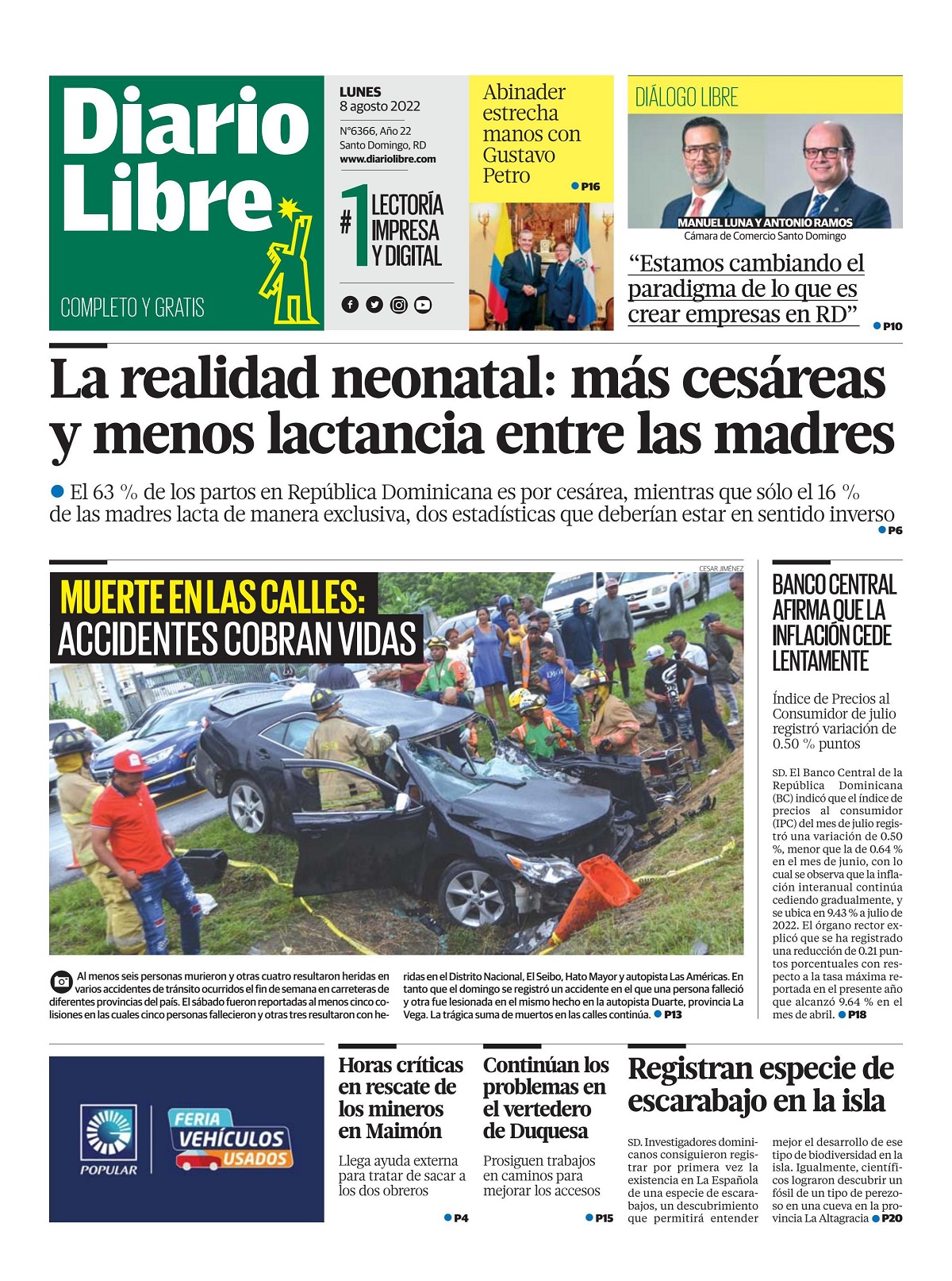 Portada Periódico Diario Libre, Lunes 08 Agosto, 2022