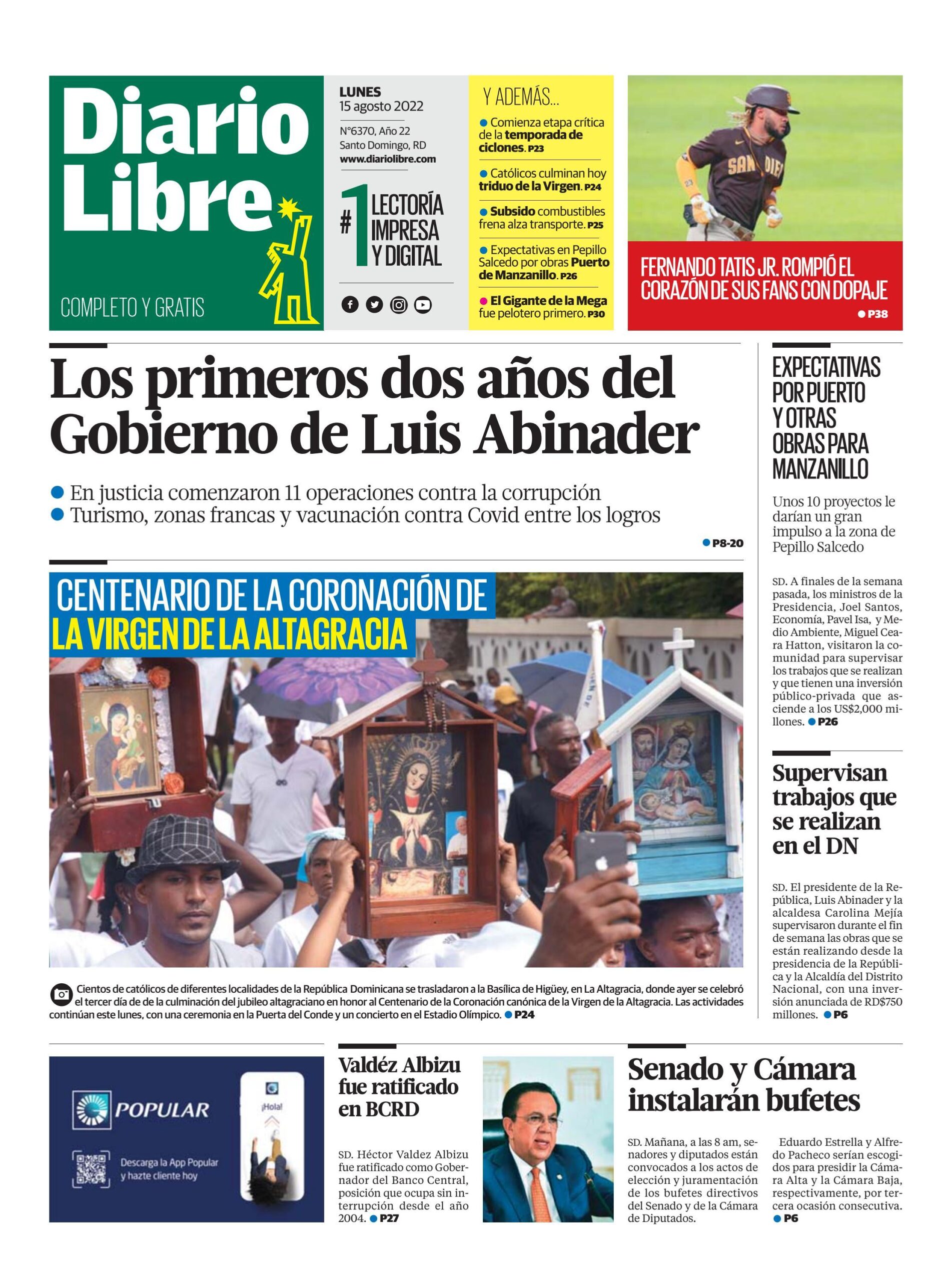 Portada Periódico Diario Libre, Lunes 15 Agosto, 2022