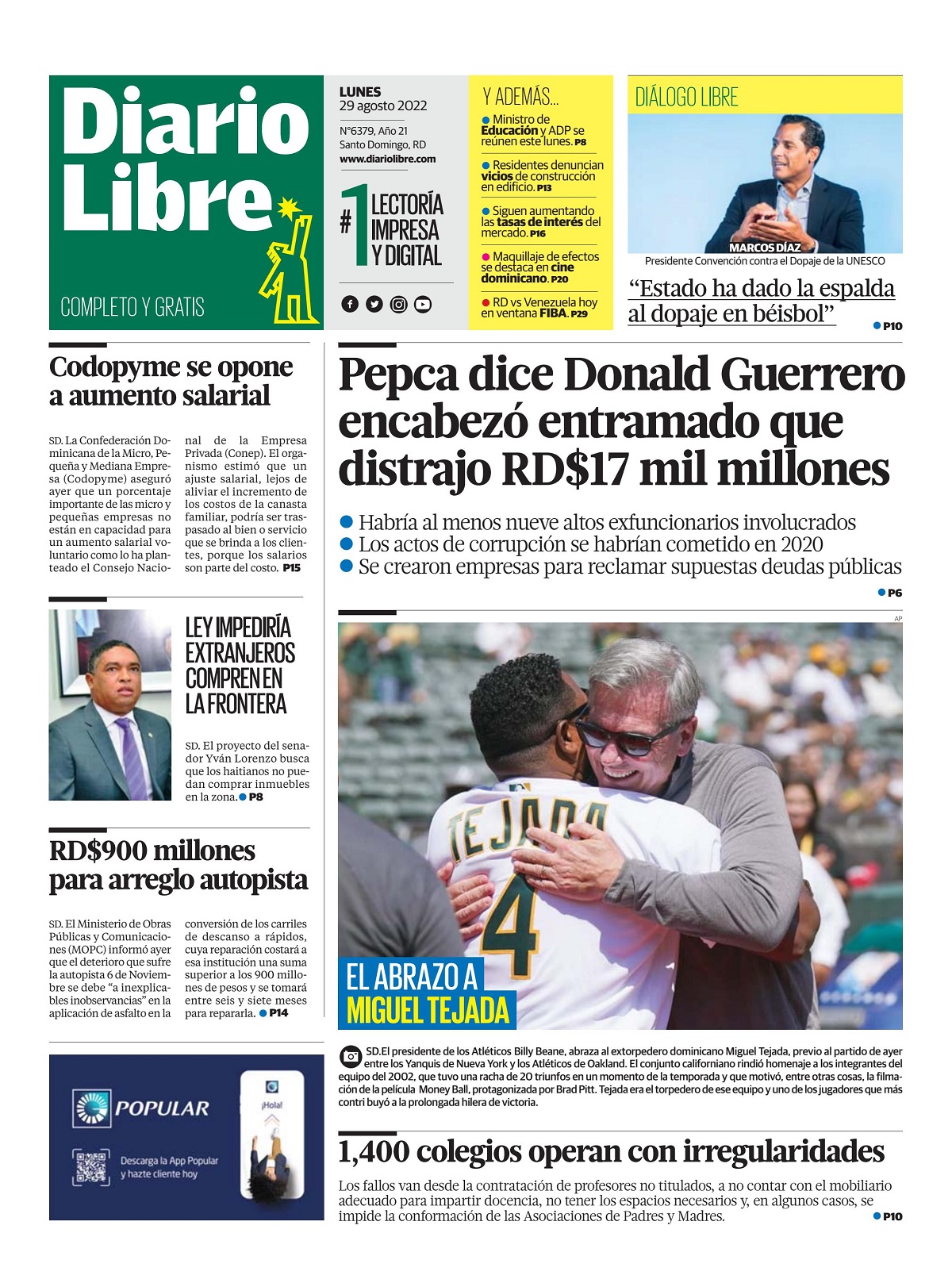 Portada Periódico Diario Libre, Lunes 29 Agosto, 2022