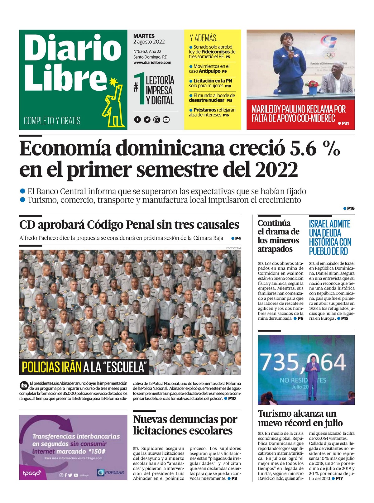 Portada Periódico Diario Libre, Martes 02 Agosto, 2022