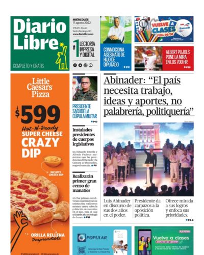 Portada Periódico Diario Libre, Miércoles 17 Agosto, 2022