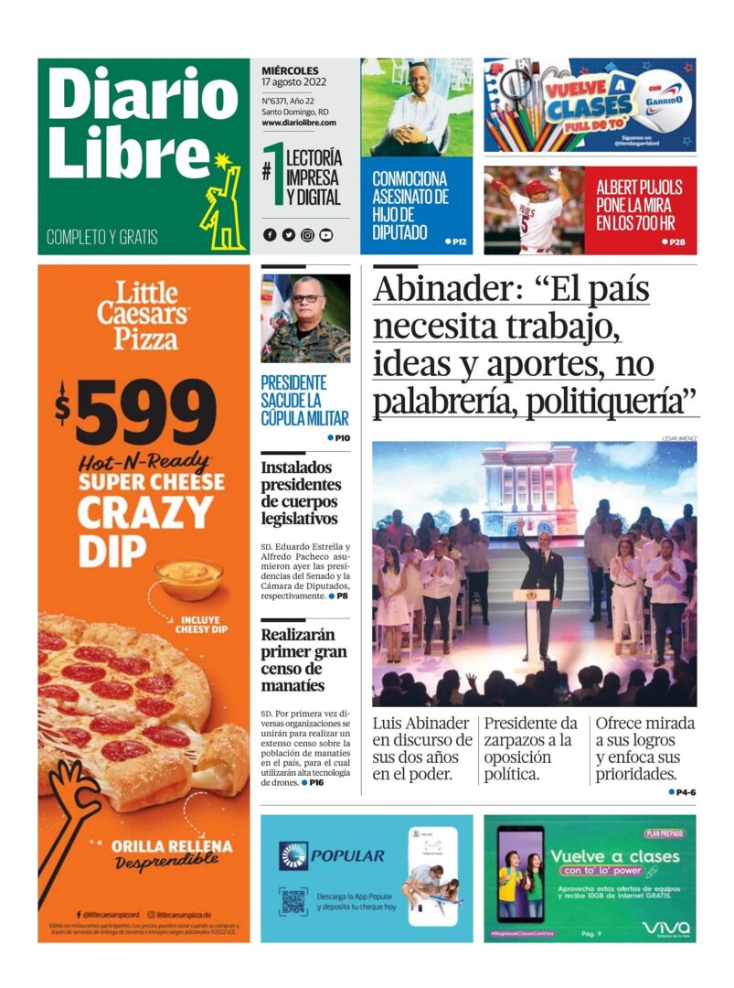 Portada Periódico Diario Libre, Miércoles 17 Agosto, 2022