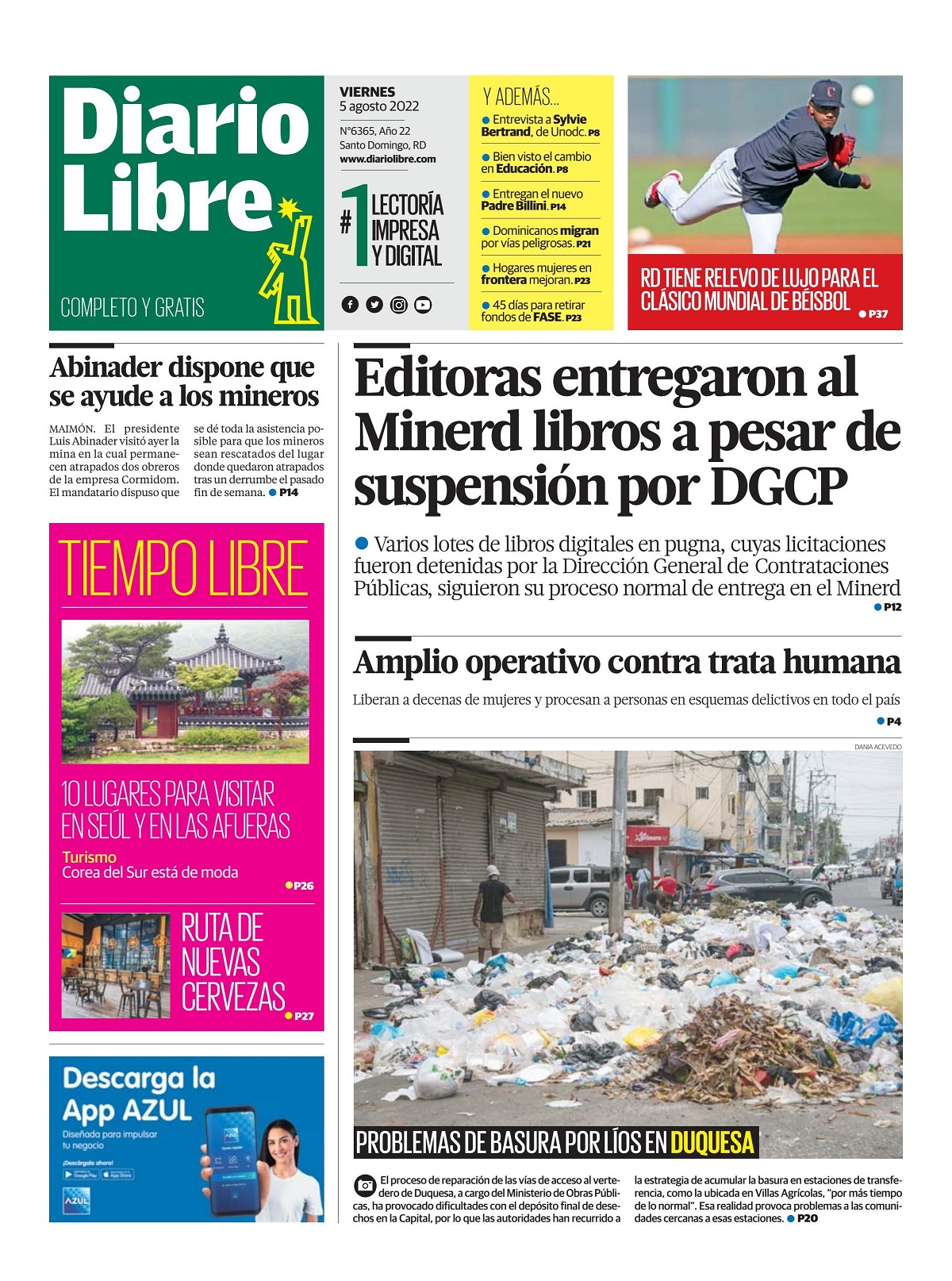 Portada Periódico Diario Libre, Viernes 05 Agosto, 2022