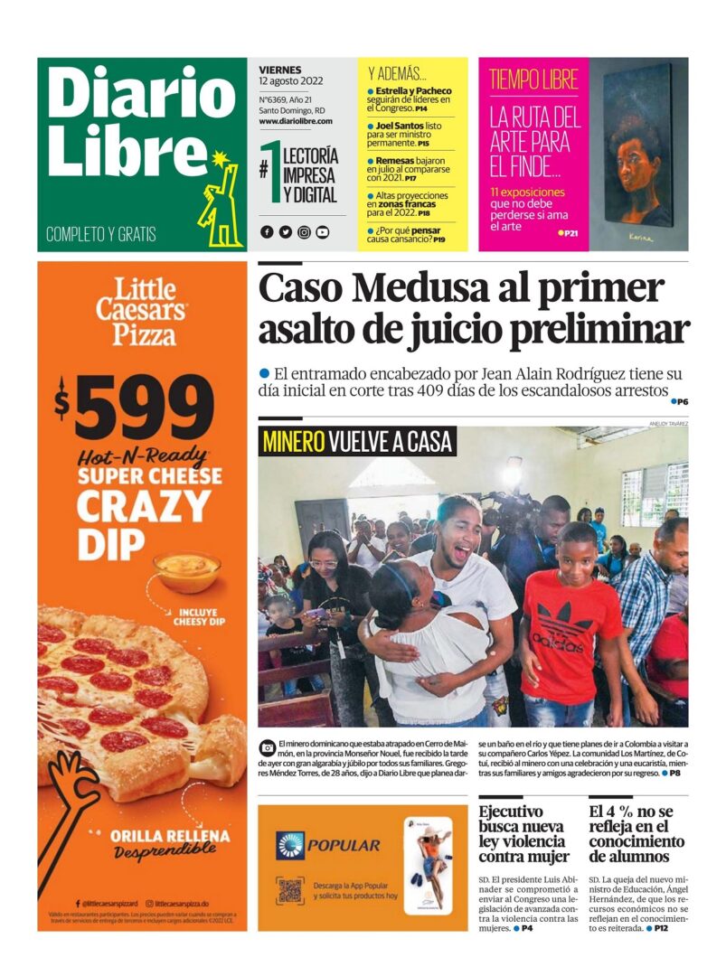 Portada Periódico Diario Libre, Viernes 12 Agosto, 2022