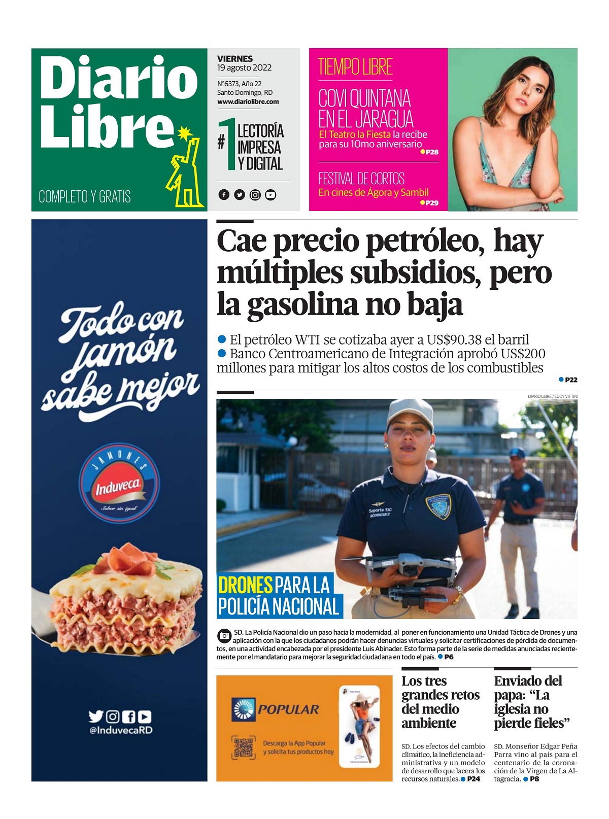 Portada Periódico Diario Libre, Viernes 19 Agosto, 2022