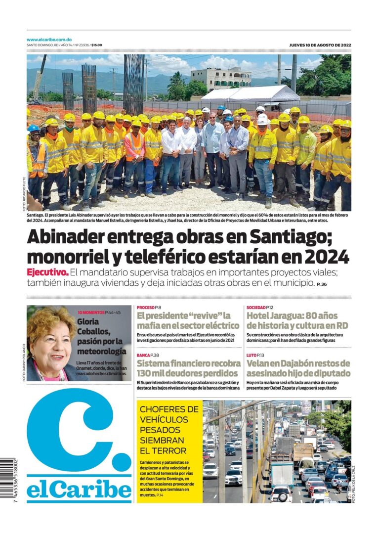 Portada Periódico El Caribe, Jueves 18 Agosto, 2022