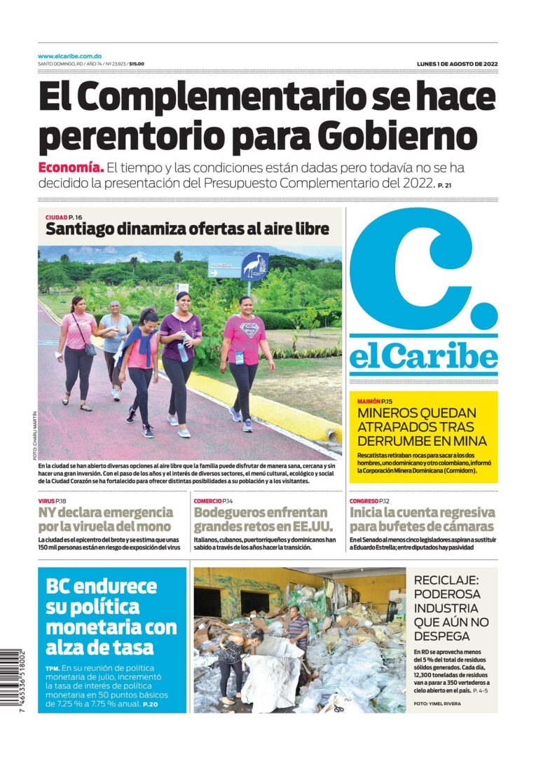 Portada Periódico El Caribe, Lunes 01 Agosto, 2022